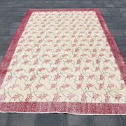 Beige & Burgundy Bordered  Floral Turkish Rug, Neutral Wool Rug, 194x290 Cm