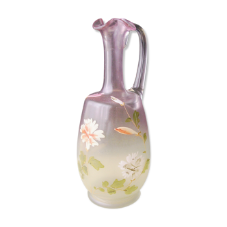 Frosted blown glass carafe Enameled decoration 1900