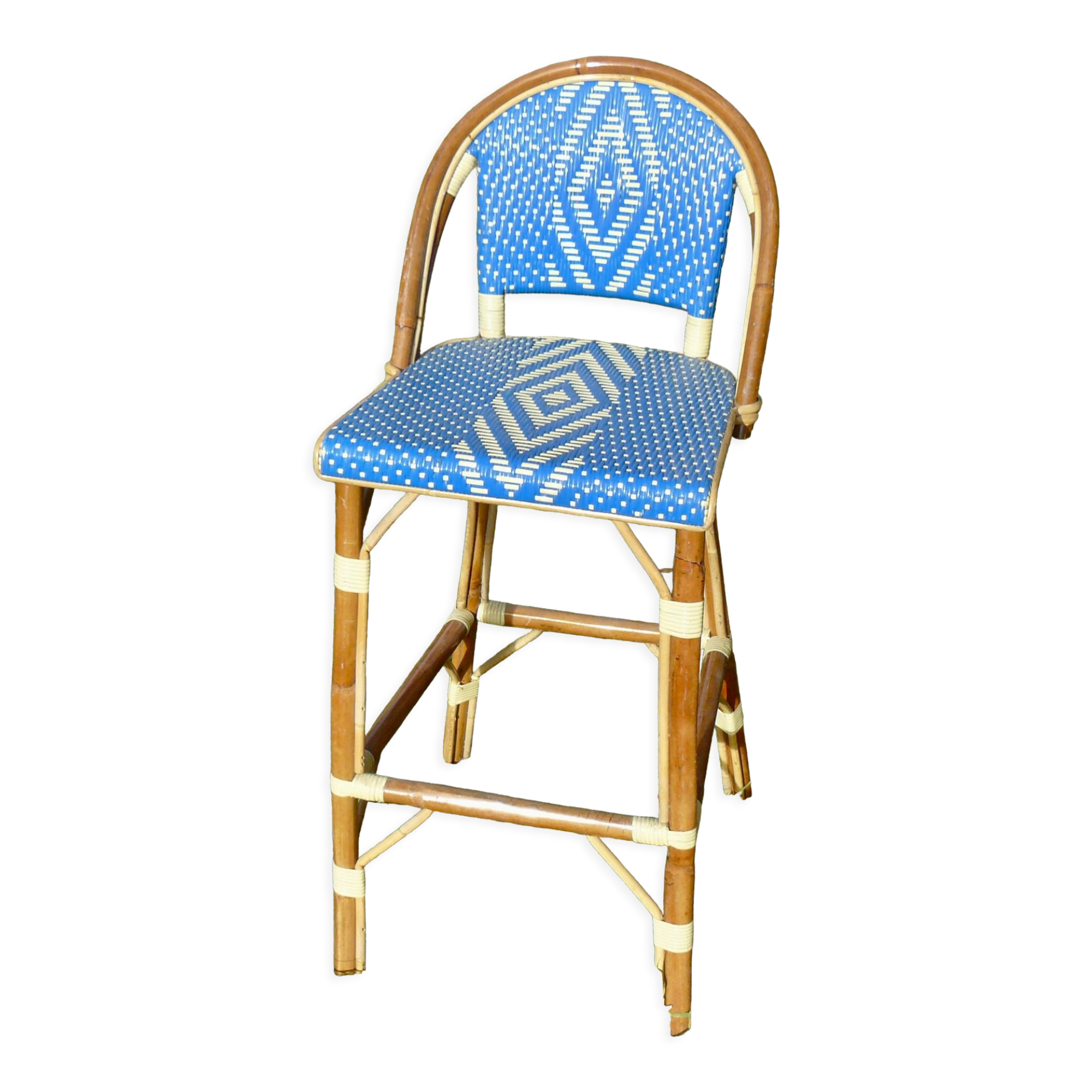 Bar stool with back rattan blue vintage 1970-80