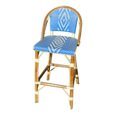 Tabouret de bar à dossier rotin bleu vintage 1970-80