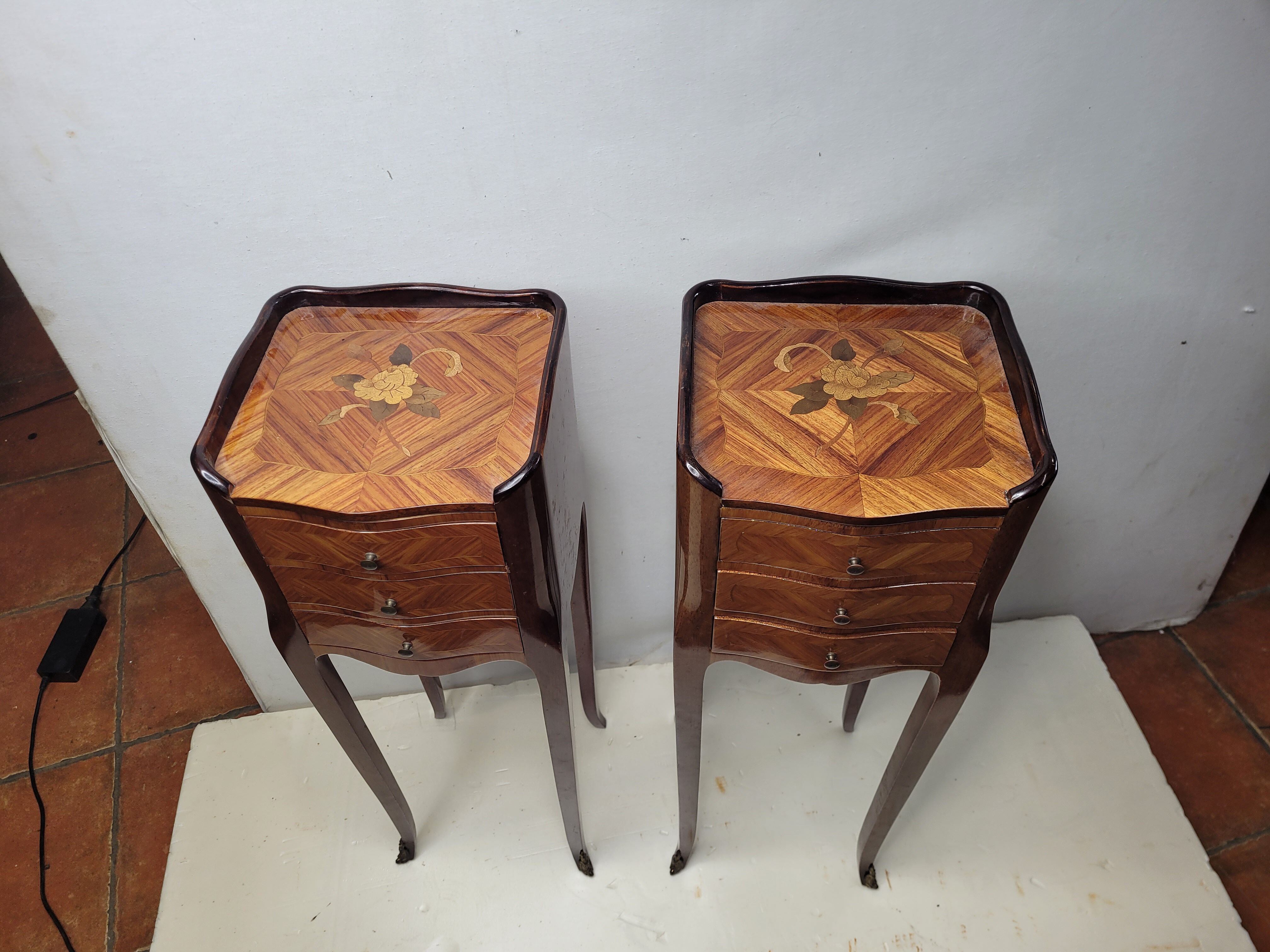 Pair of Louis XV style bedside tables in marquetry