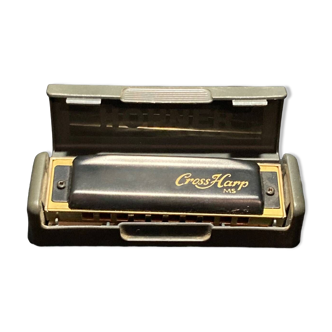 Metal and gold harmonica in its original box.