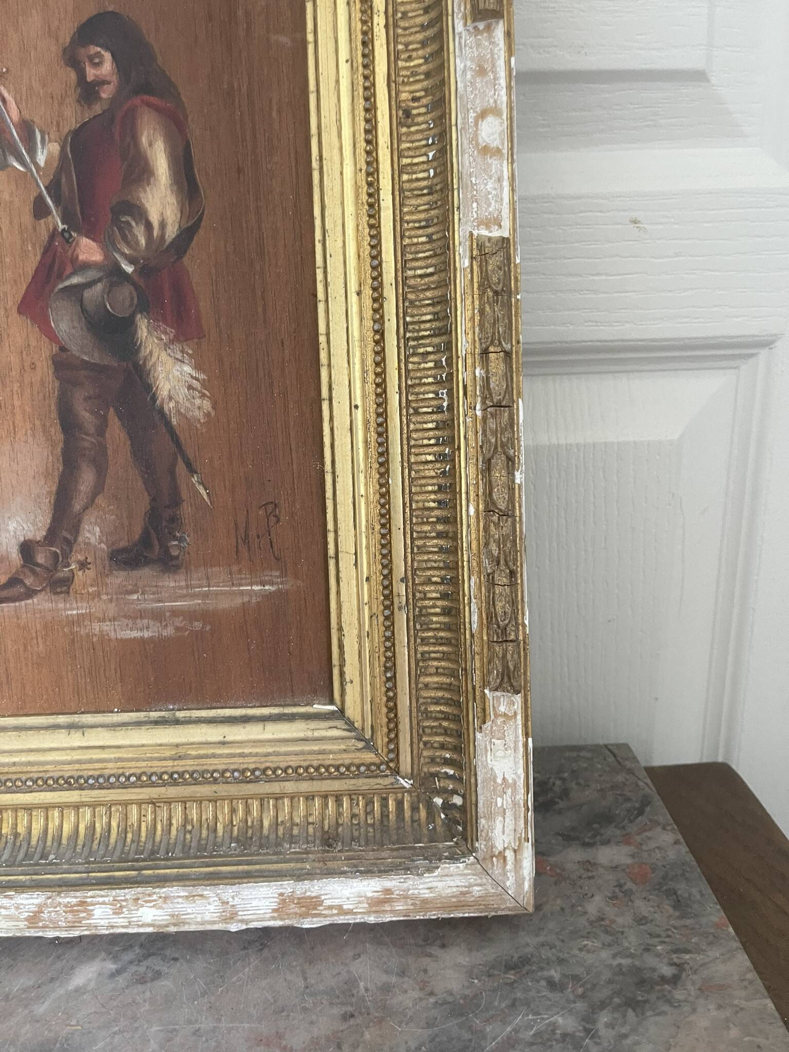 Antique Oil Wood Panel Framed Musketeer Signed 19th Century