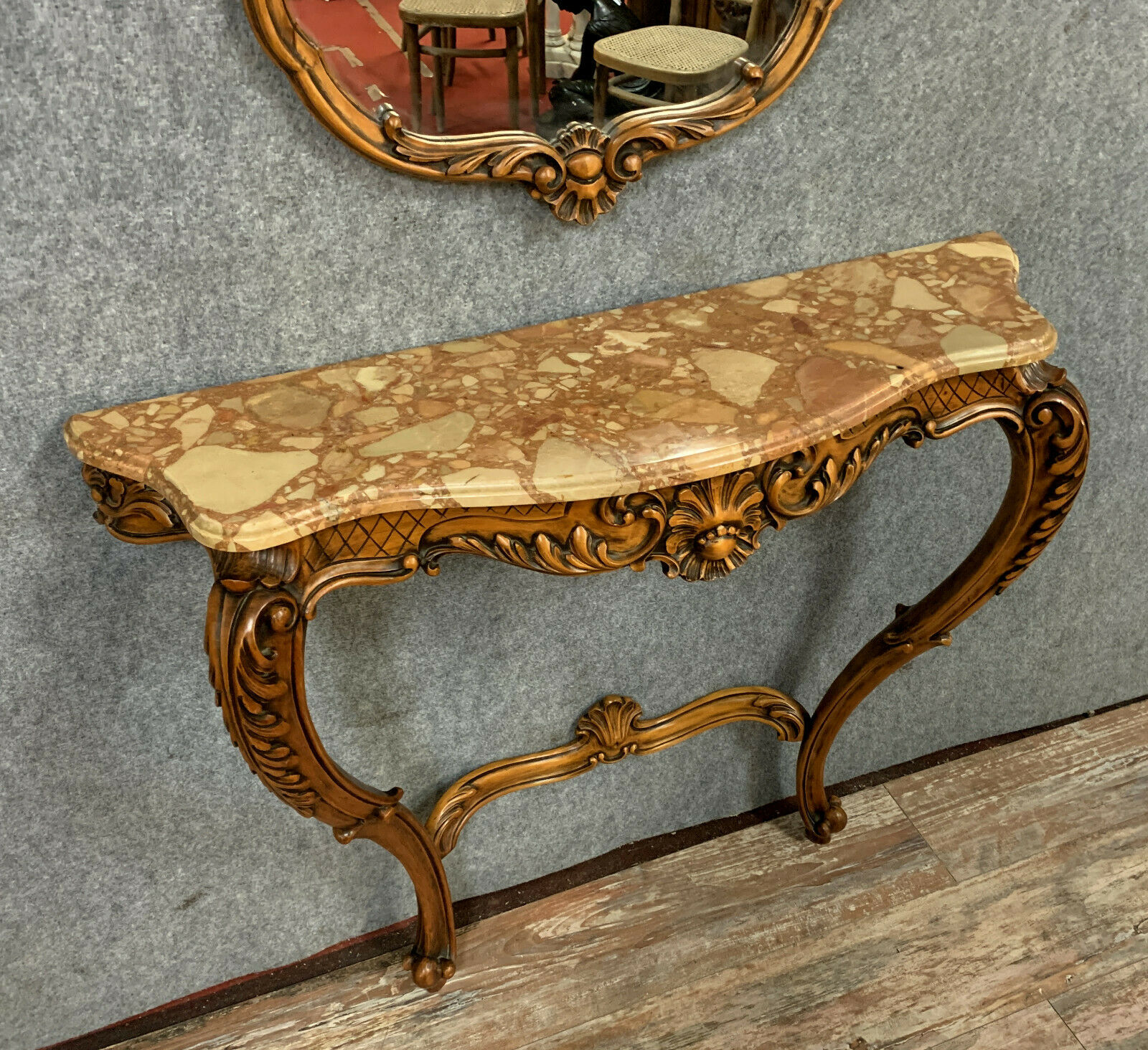 Louis XV Baroque console in natural wood with its mirror