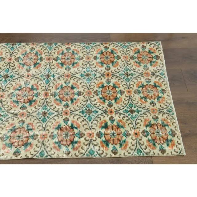 1970s vintage Turkish Oushak handmade wool cotton beige runner rug 85x270