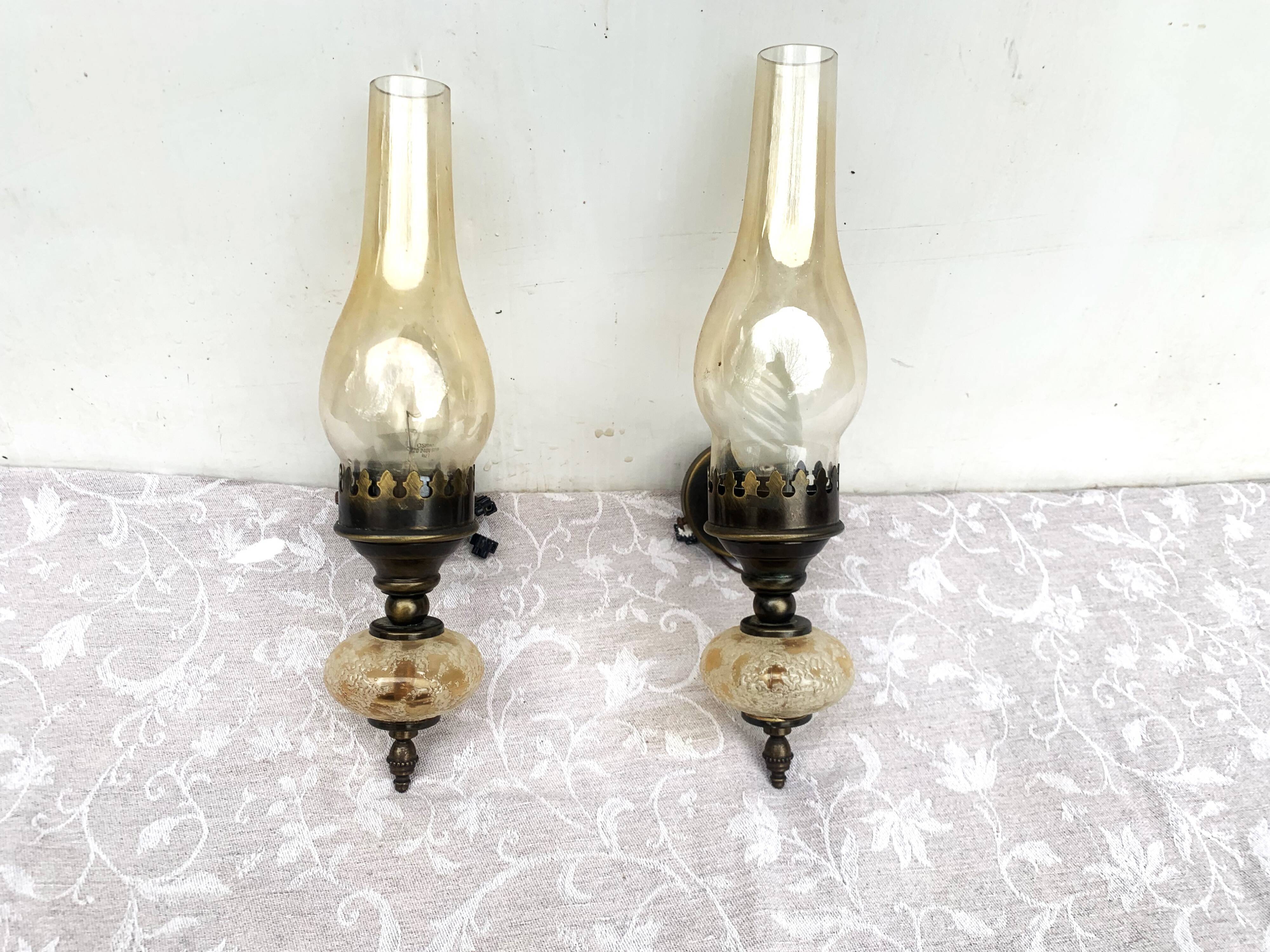 Matching pair of bronze wall sconces oil lamp style
