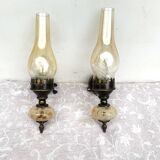 Matching pair of bronze wall sconces oil lamp style
