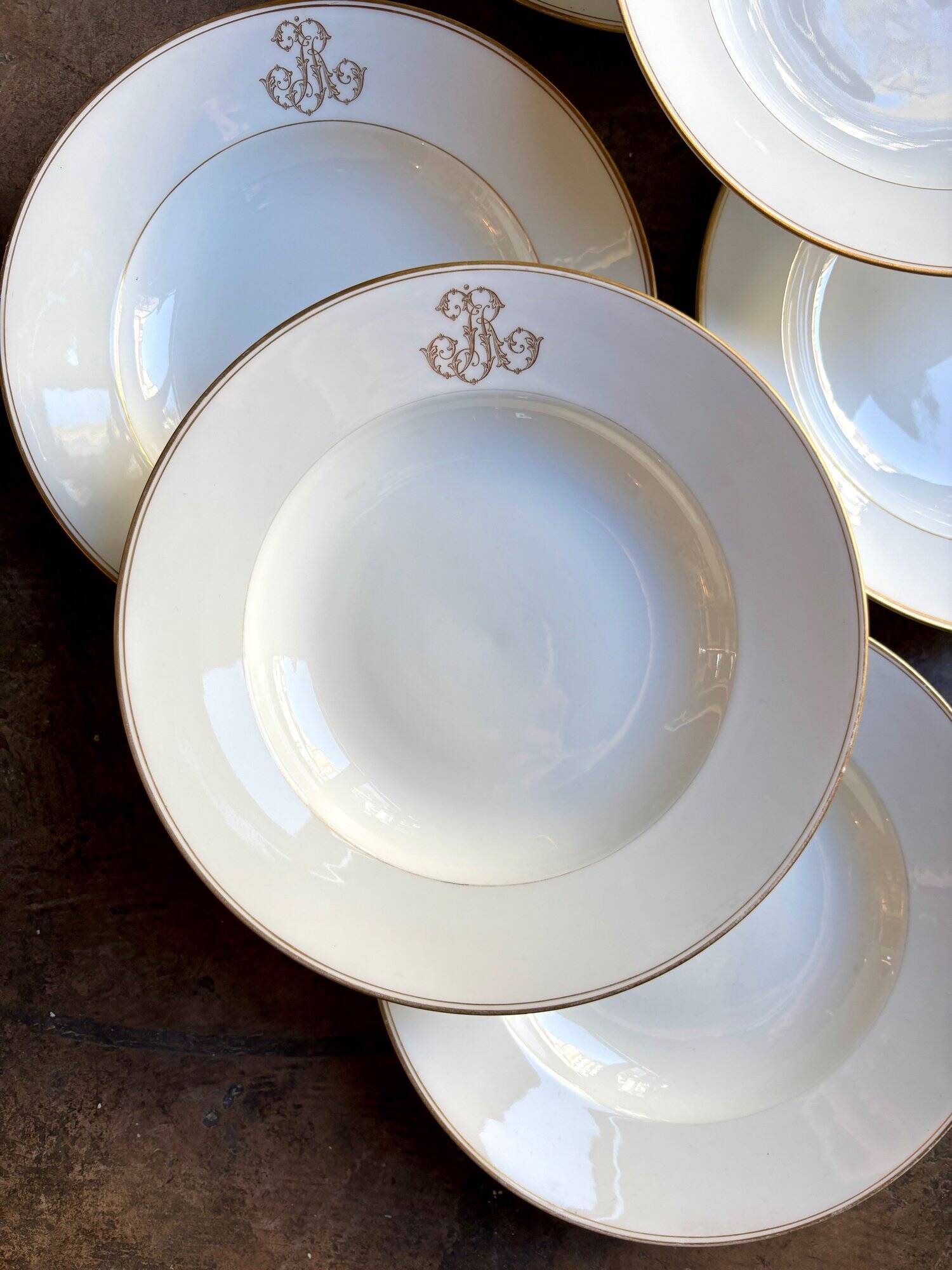 6 monogrammed Paris porcelain soup plates