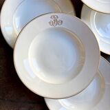 6 monogrammed Paris porcelain soup plates