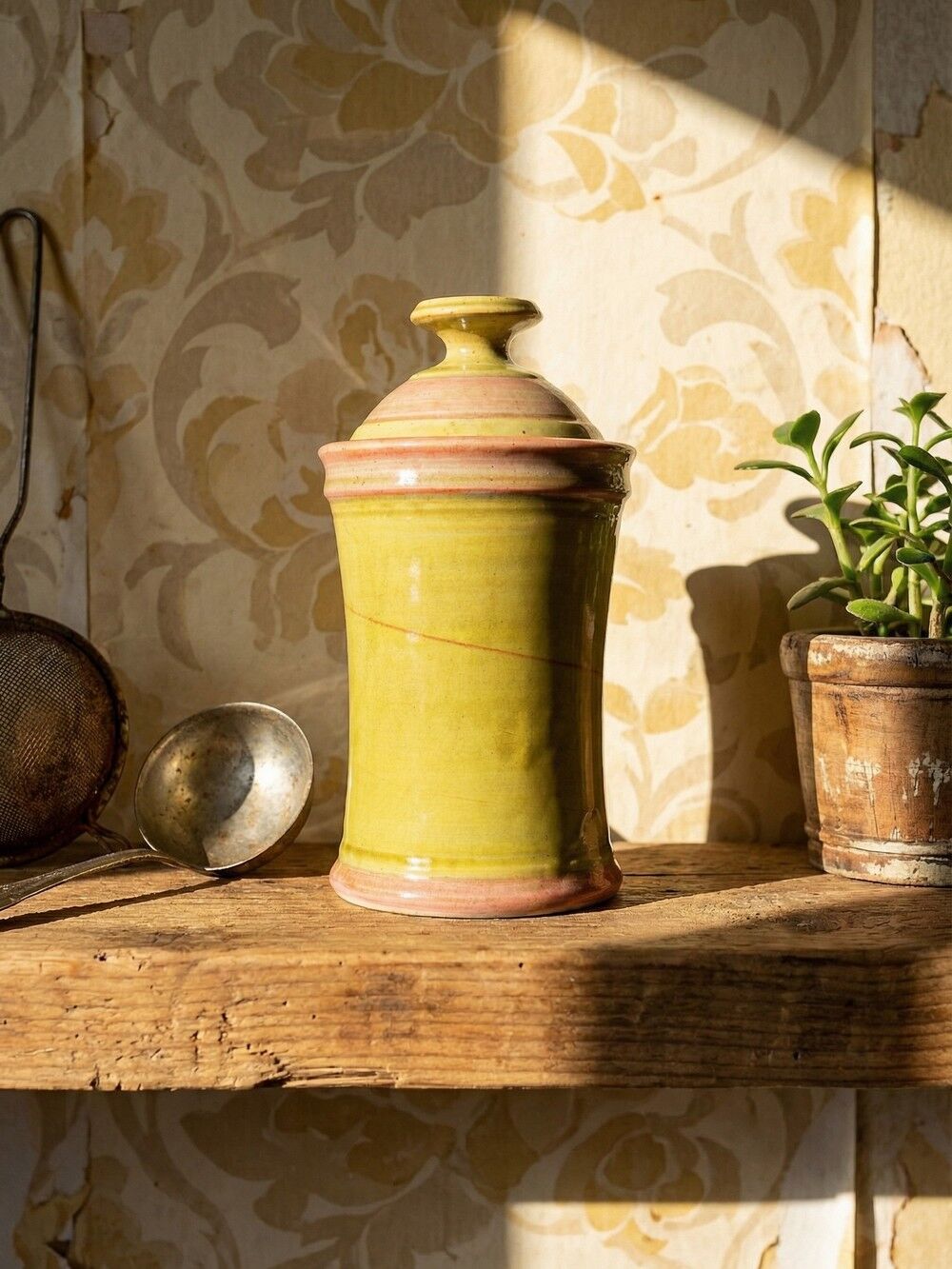 Decorative spice box in vintage two-tone glazed stoneware, handmade and signed.