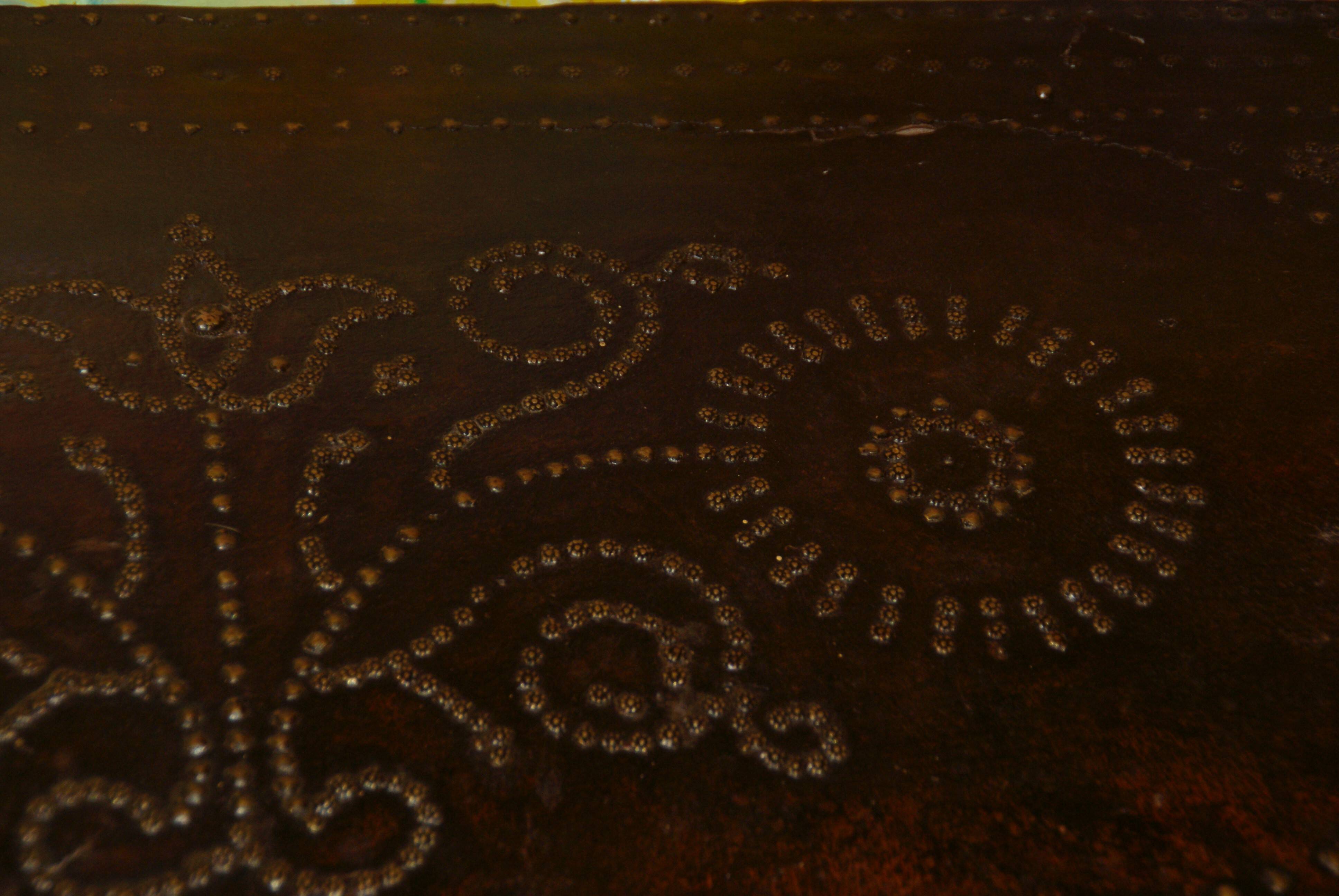 17th century studded leather travel trunk, richly decorated