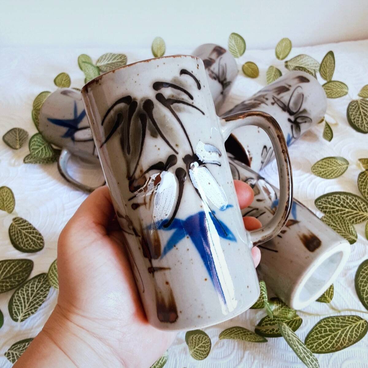 Large vintage artisanal stoneware mugs