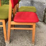 Set of 4 multicoloured wooden office chairs from the 1960s, Mid-Century style, with upholstered seats.