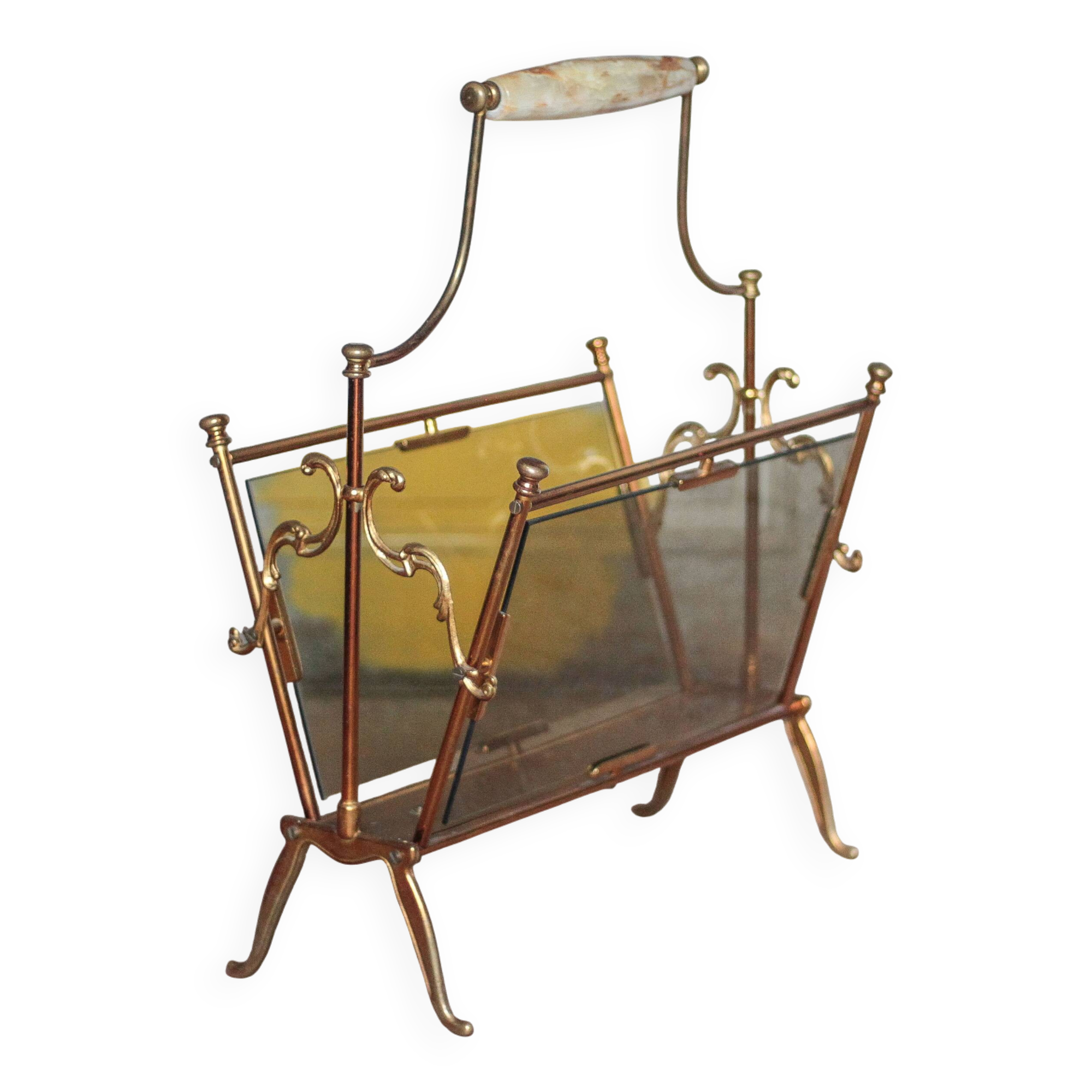 vintage magazine rack, brass and smoked glass magazine rack, newspaper, magazine