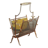 vintage magazine rack, brass and smoked glass magazine rack, newspaper, magazine