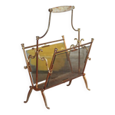 vintage magazine rack, brass and smoked glass magazine rack, newspaper, magazine