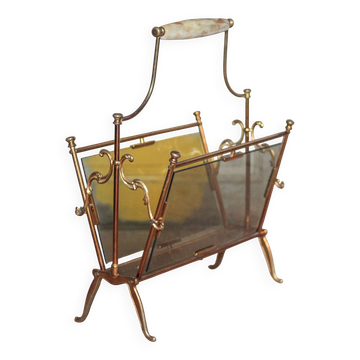 vintage magazine rack, brass and smoked glass magazine rack, newspaper, magazine
