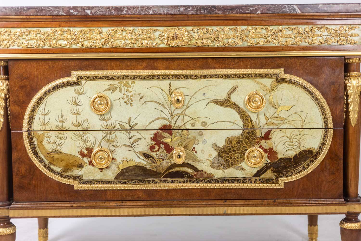 Empire style chest of drawers in lacquer, bronze and marble. Nineteenth century.
