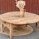 Round coffee table with 1 drawer, antique, made of raw solid wood.