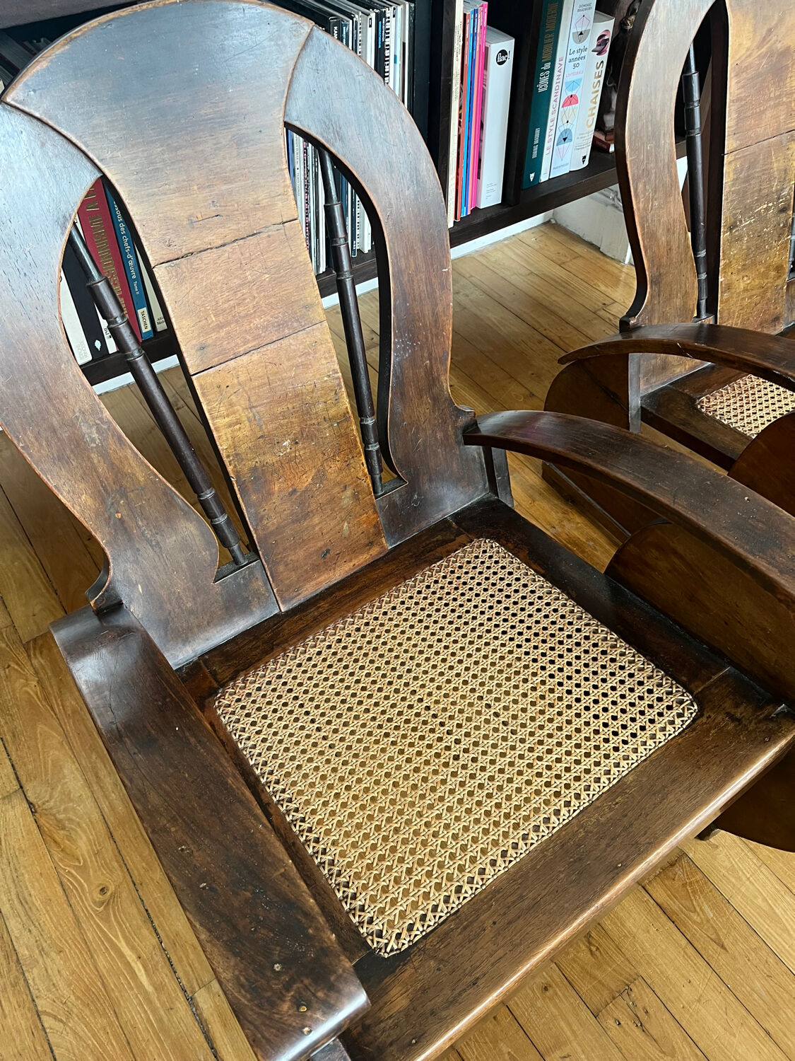 Pair of Art Deco armchairs in wood and cane.