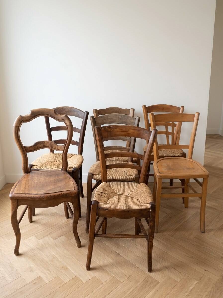 Set of 7 antique wooden and straw chairs.