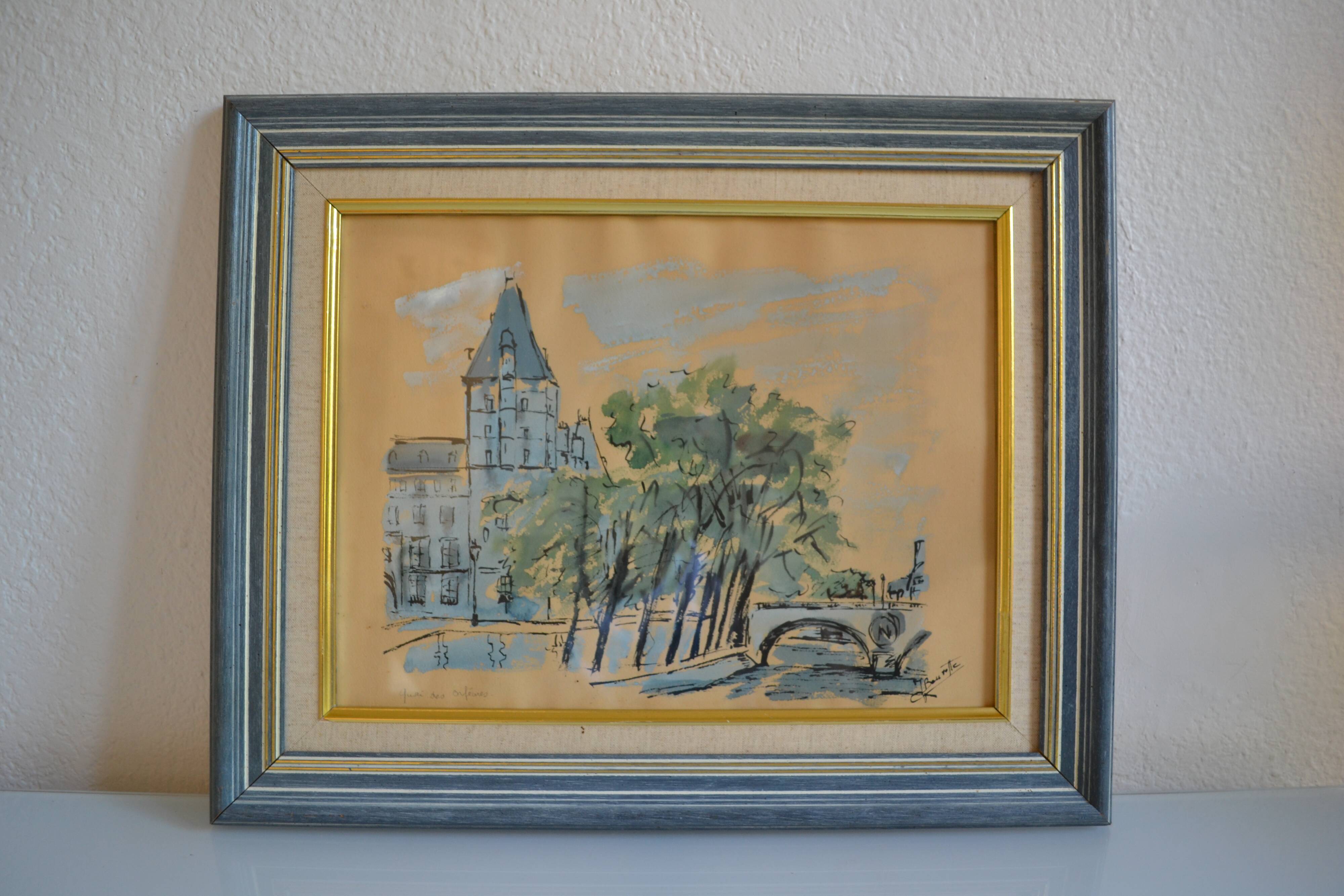 Paris the quai des orfèvres and the pont saint michel painting framed under glass