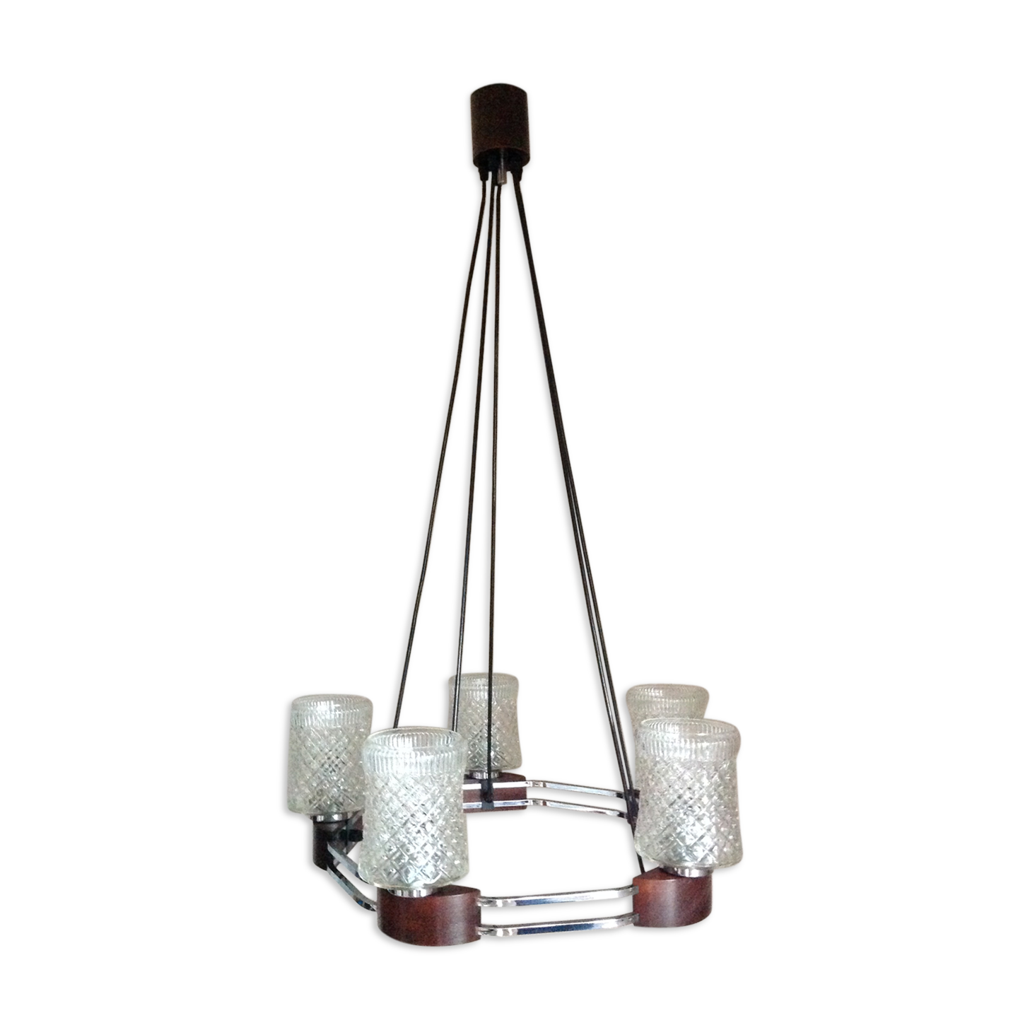 Lustre en chrome et teck à 5 feux style scandinave