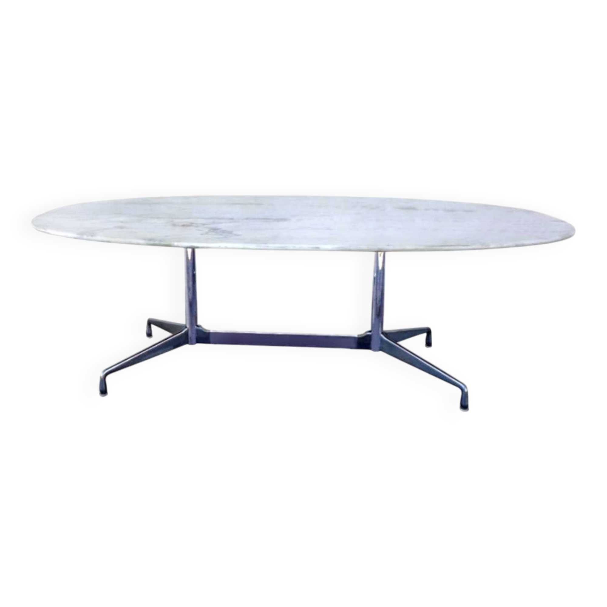 Eames "Segmented" oval table in white marble with stainless steel base, H. Miller 70s