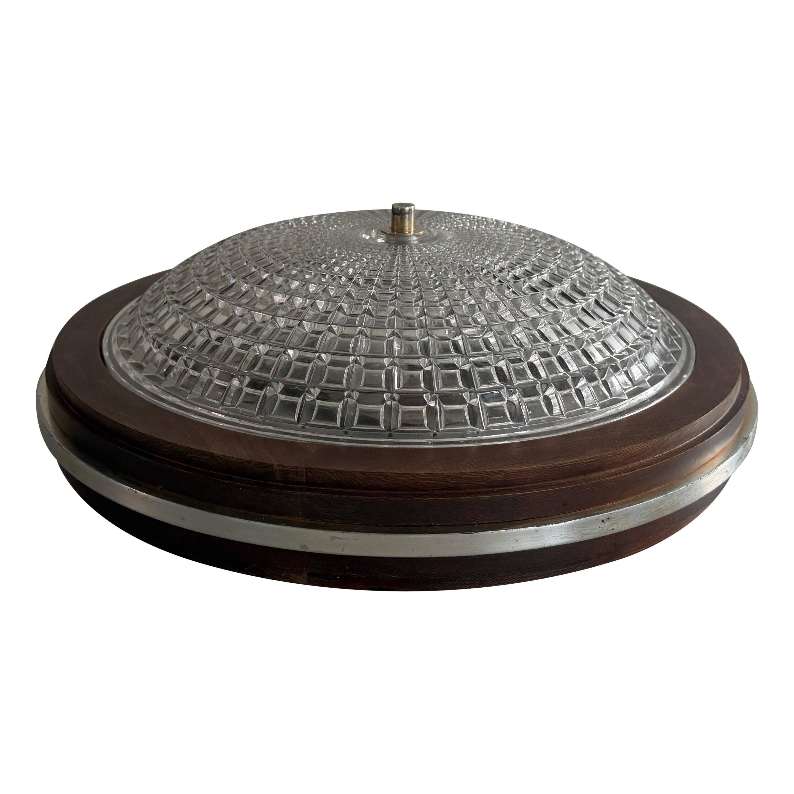 Flush mount in glass crystal and mahogany wood base, 1960s, Switzerland