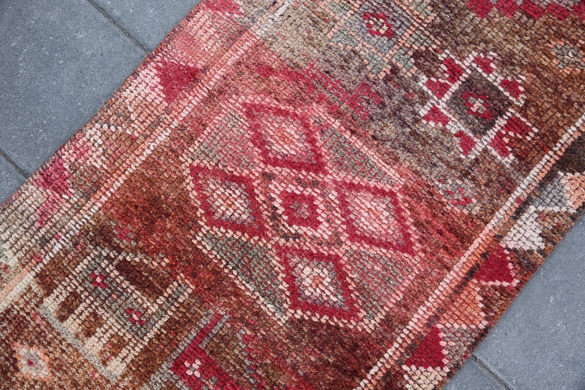 Tapis Couloir Tribal Vintage Rouge, Tapis Turc Géométrique, 75x313 Cm