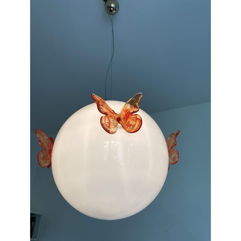 White and red butterfly Sphere Pendant in Murano Glass