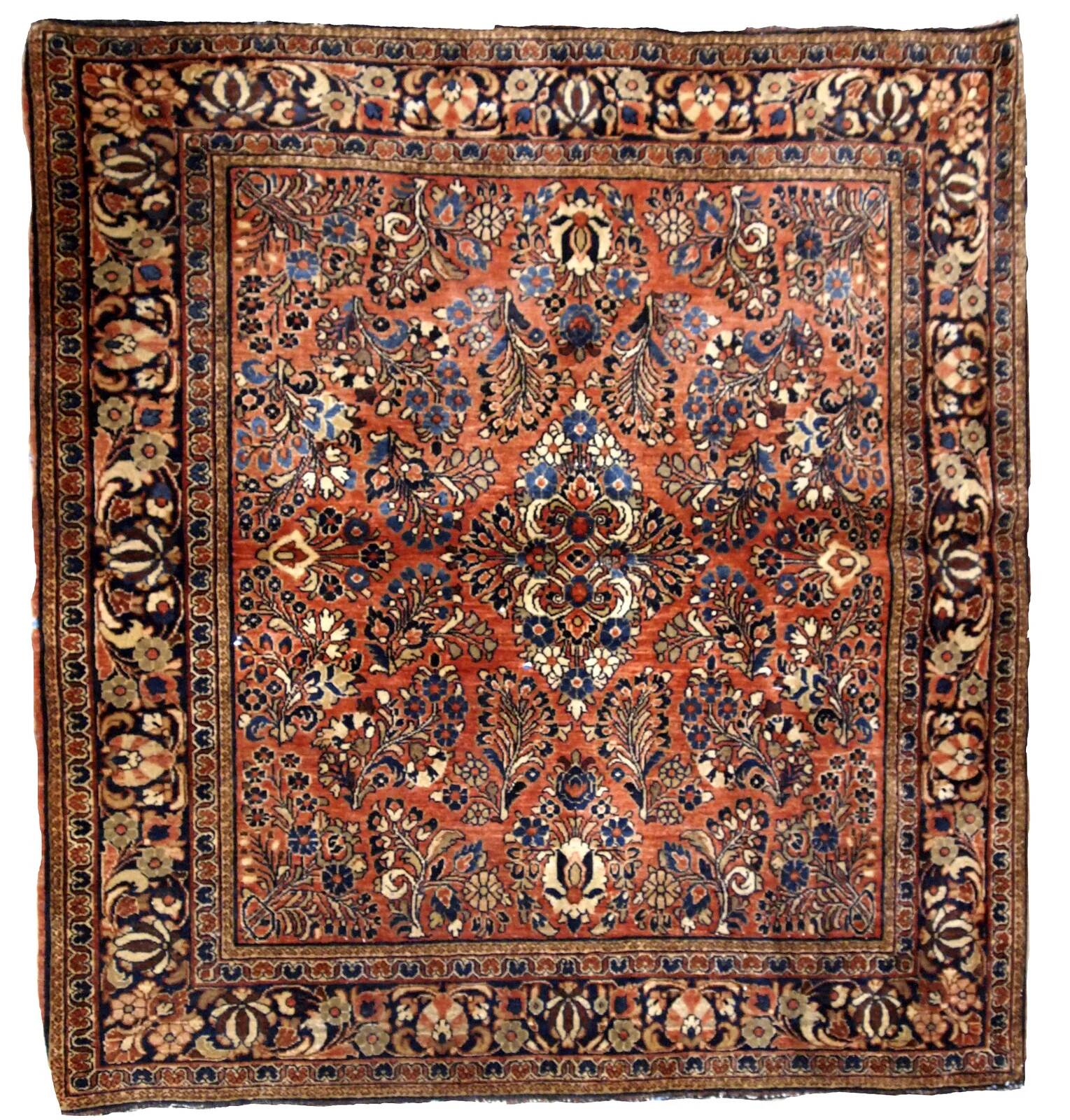Handmade antique Persian Sarouk square rug 4.1'x 4.1' (125cm x 125cm) 1920s