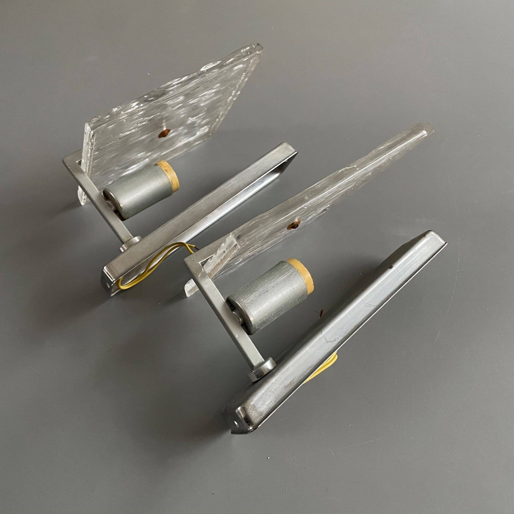 Set of vintage wall lights, ‘ice’ glass and metal, 1970s