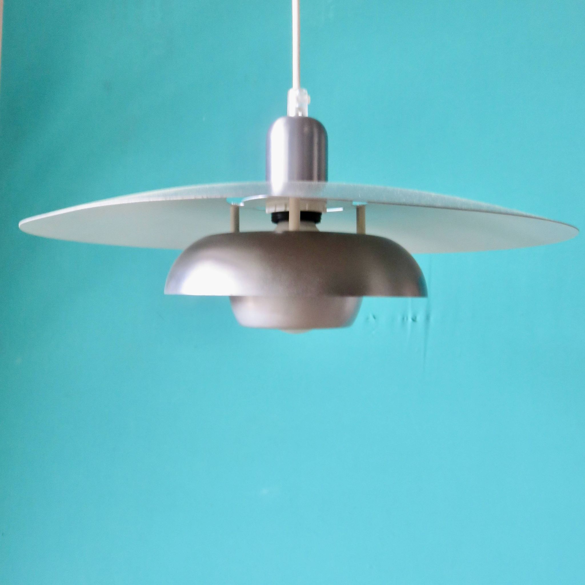 Silver iridescent metal pendant light with a typically Danish design, circa 1975/1980