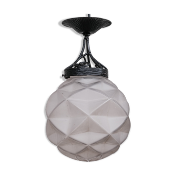 Geometric French Glass and Iron Pendant Light