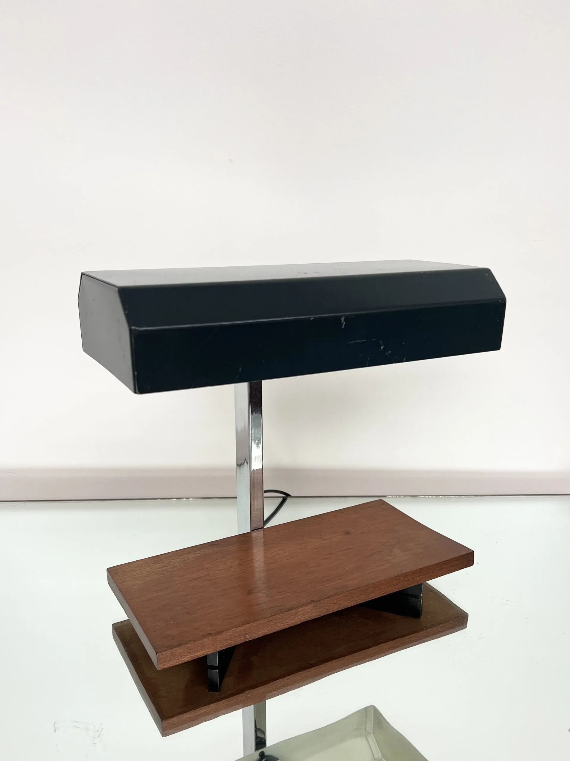 1950s desk lamp with teak base and grey lacquered metal