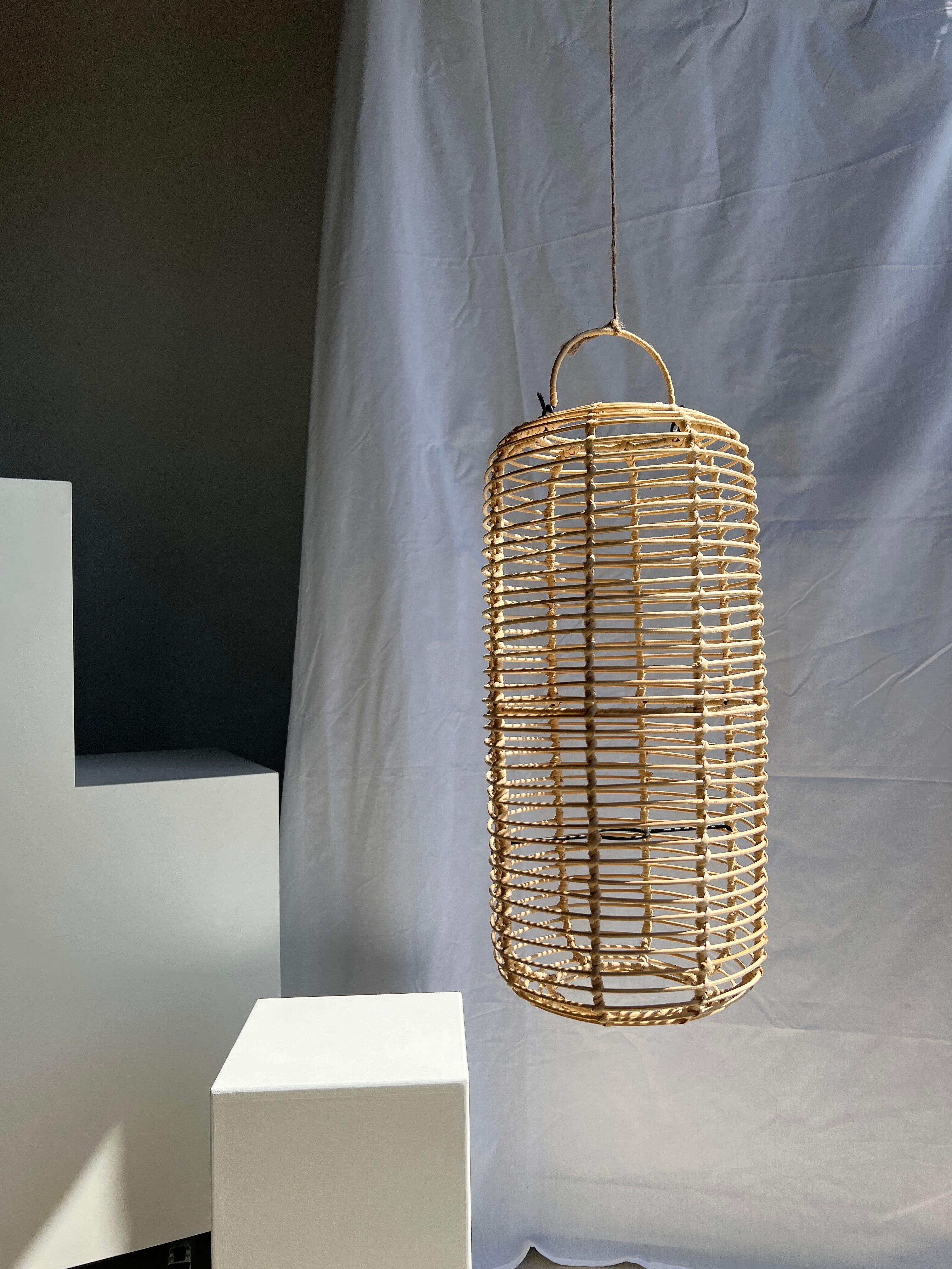Large lantern-shaped rattan pendant lamp H50 D24