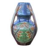 Large Art Deco vase, enamelled terracotta vase with floral motifs, Vase with tripod handles, Art Nouveau