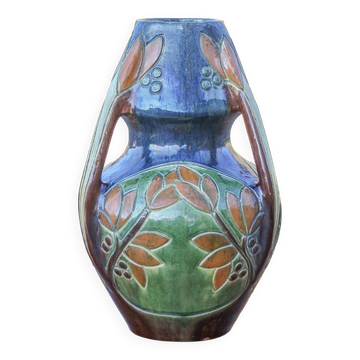 Large Art Deco vase, enamelled terracotta vase with floral motifs, Vase with tripod handles, Art Nouveau