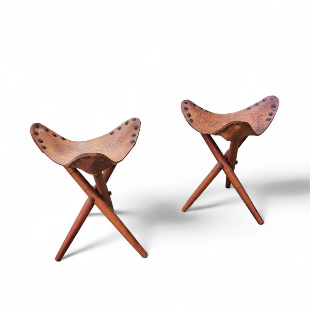 2 x matching vintage tooled leather tripod chair / camp chair