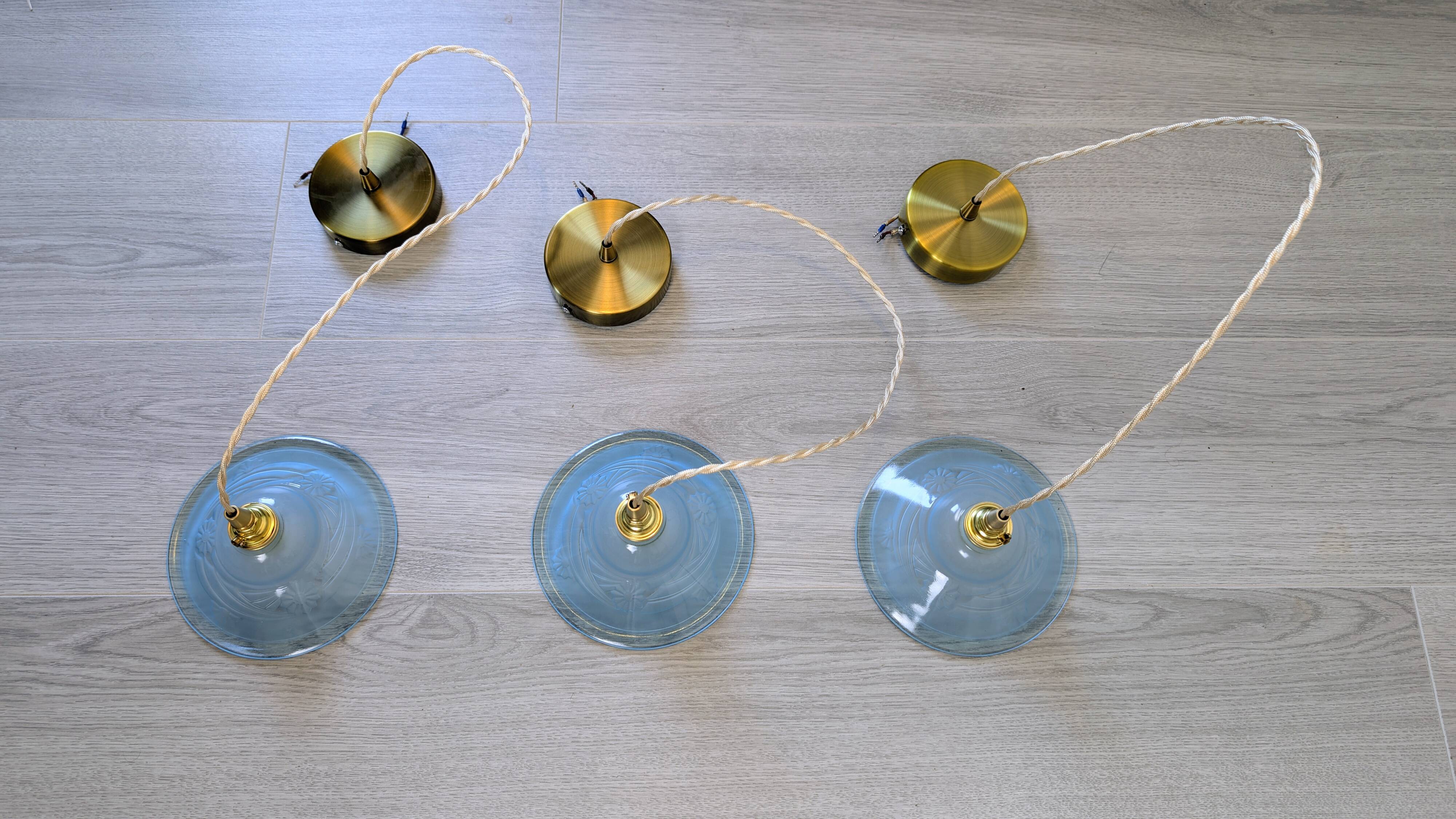 Art Deco blue glass pendant light, moulded glass shade — Ø19 cm — 3 available