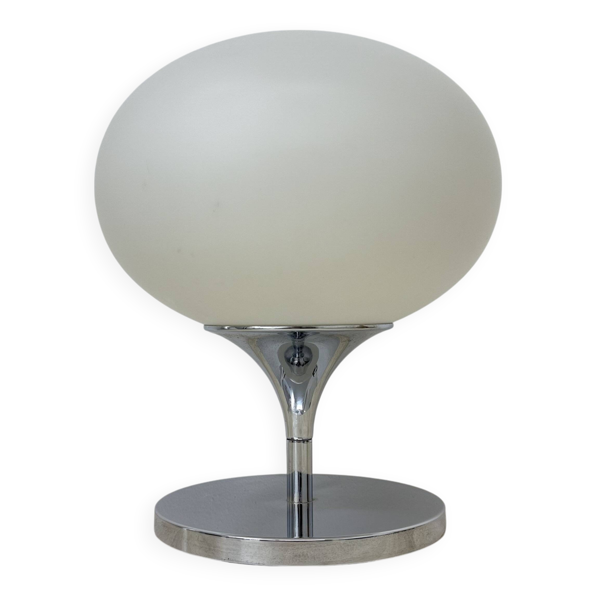 Opaline glass chromed steel & cast iron Space Age lamp by Kaiser Leuchten,