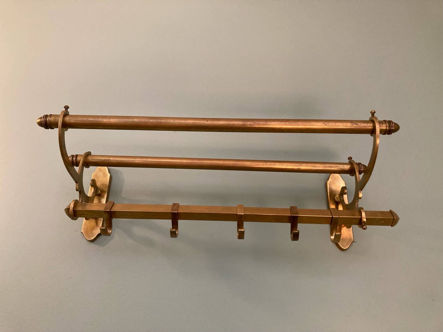 Antique brass coat rack and wall-mounted hat holder