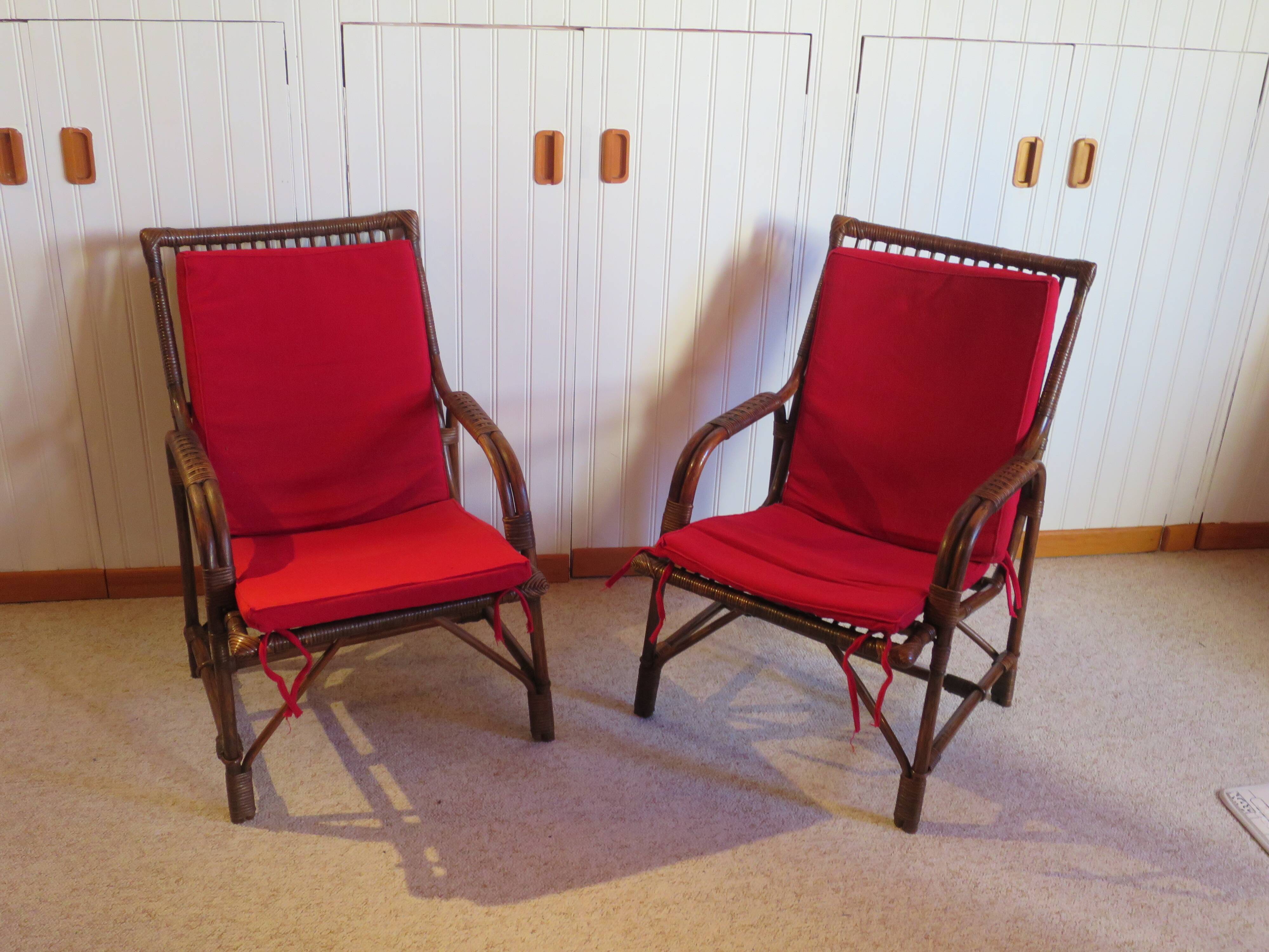 Lot de 2 Fauteuils de jardin en rotin et bambou -Vintage -Années 60 - avec coussins - vernis satin