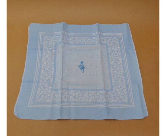 Ensemble nappe serviettes coton tissé bleu et blanc monogramme brodé