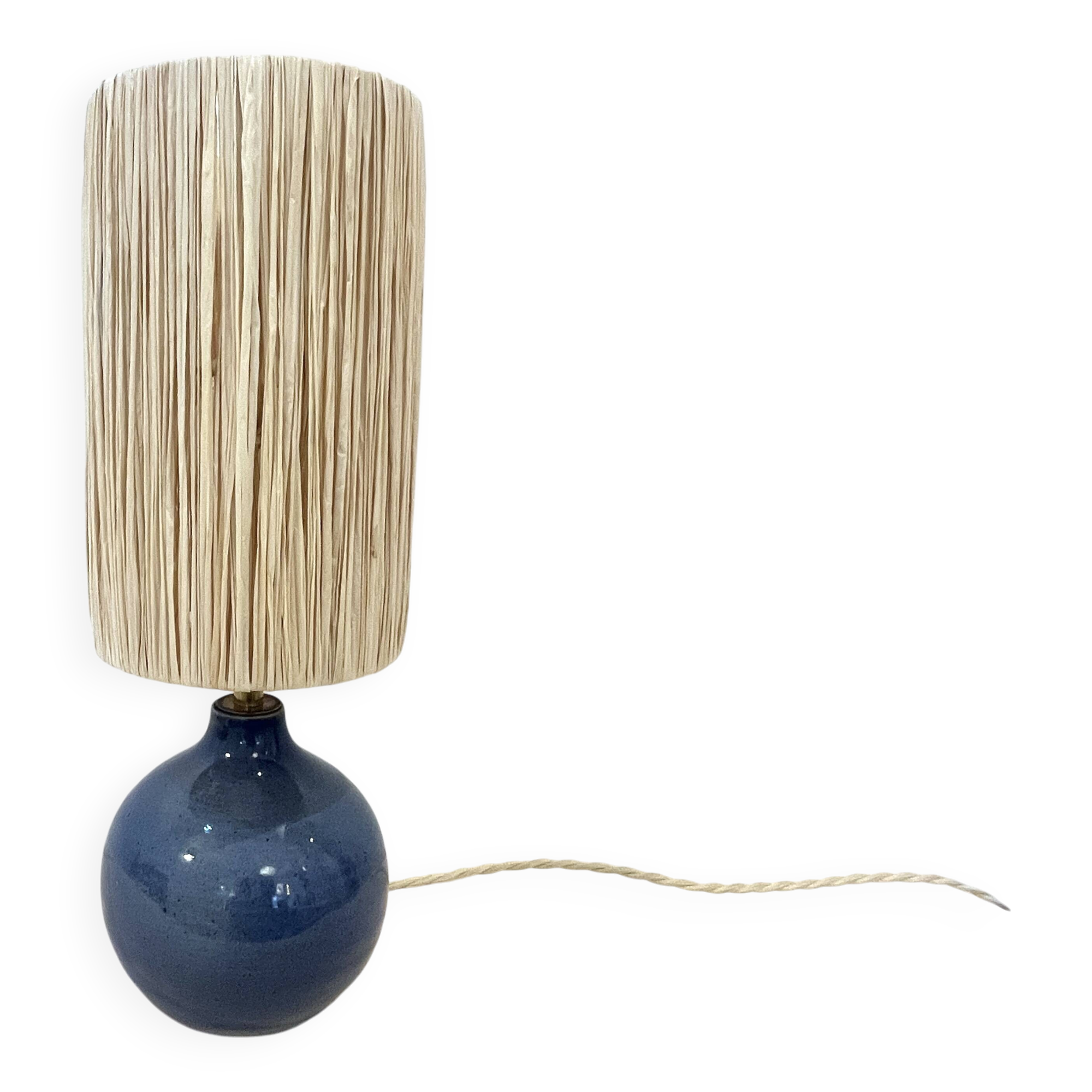 Vintage ball lamp base in blue ceramic stoneware with raffia rope lampshade
