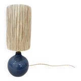 Vintage ball lamp base in blue ceramic stoneware with raffia rope lampshade
