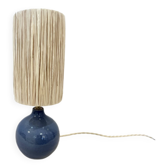 Vintage ball lamp base in blue ceramic stoneware with raffia rope lampshade