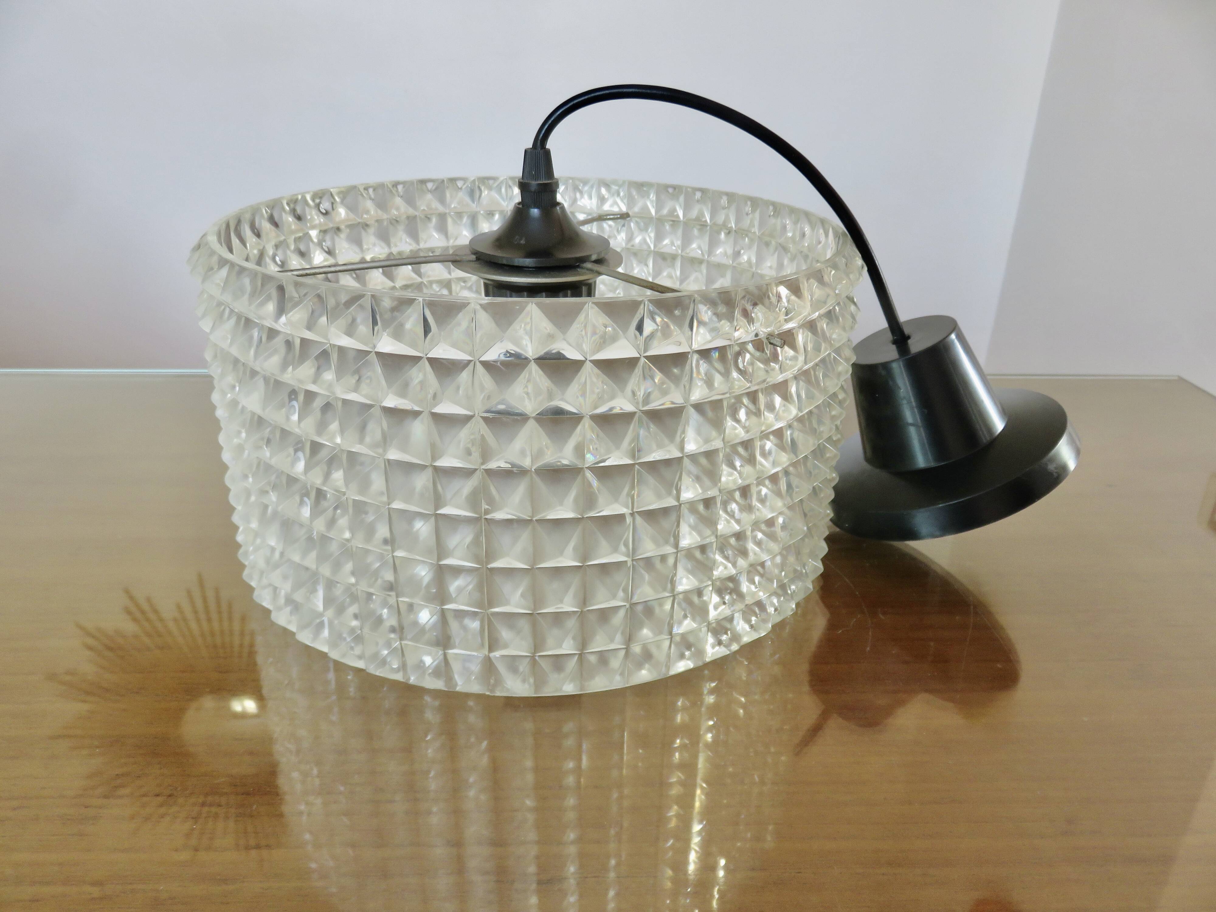 Clear plastic pendant light, diamond point shape, 70s