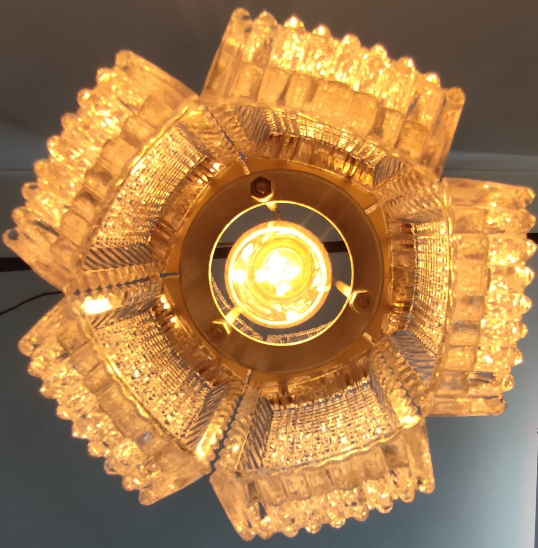 Brutalist Suspension "Ice Glass" and Chrome by Kaiser Leuchten